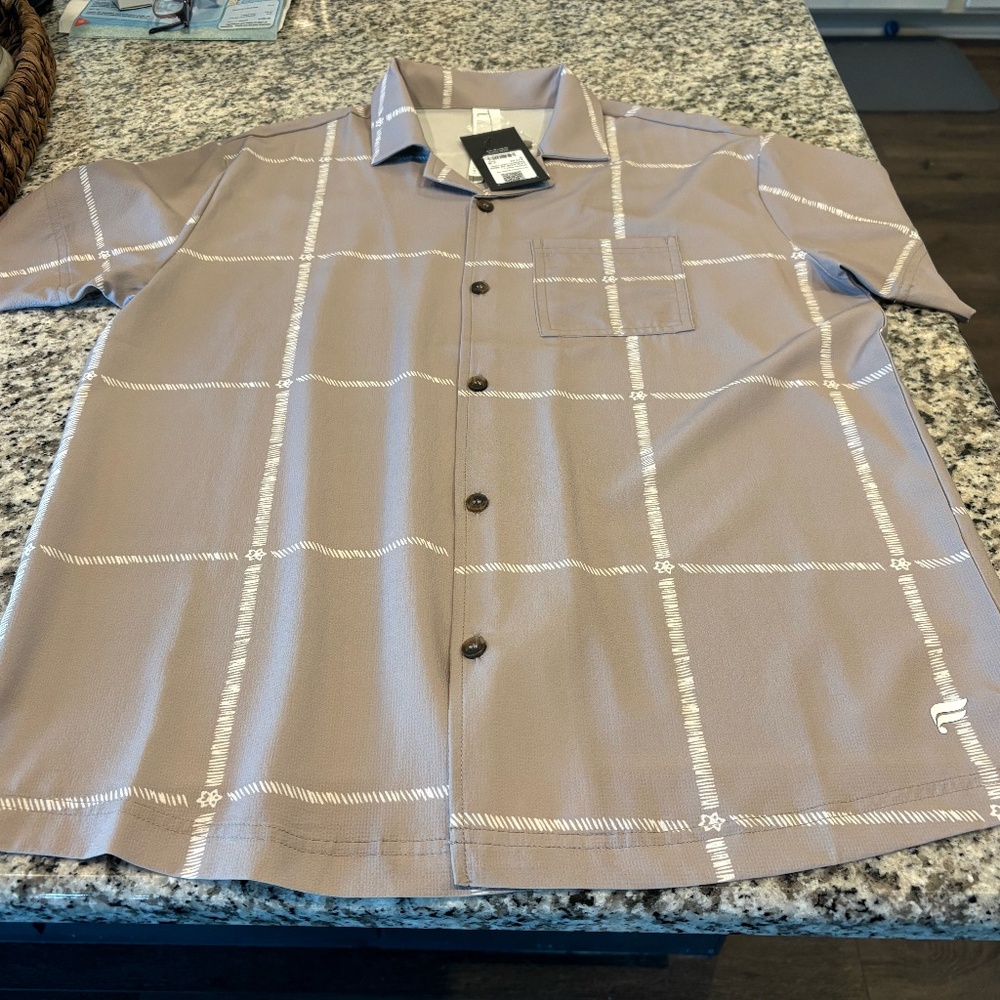 NWT Fabletics The Cabana Button Up Brutalist Khaki Tropi Check - Small